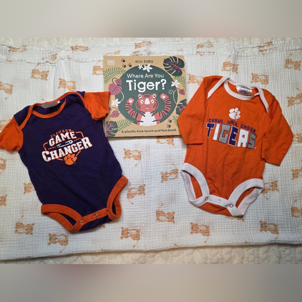Clemson Tigers Baby Bundle 0-3M & 9M Onesies Tiger Muslin Blanket Book